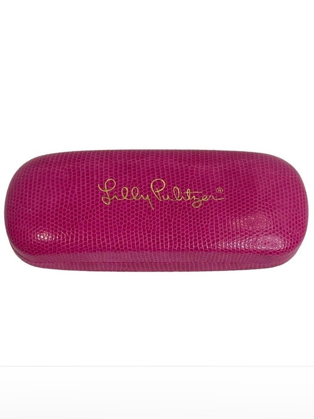 Lilly Pulitzer hard glasses case leather-feel hot pink gold logo blue lining